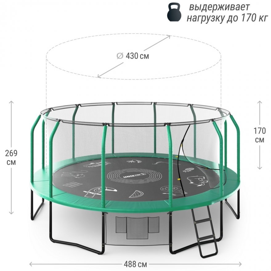 Батут с защитной сеткой UNIX line SUPREME GAME 8-16 ft Green - вид 5